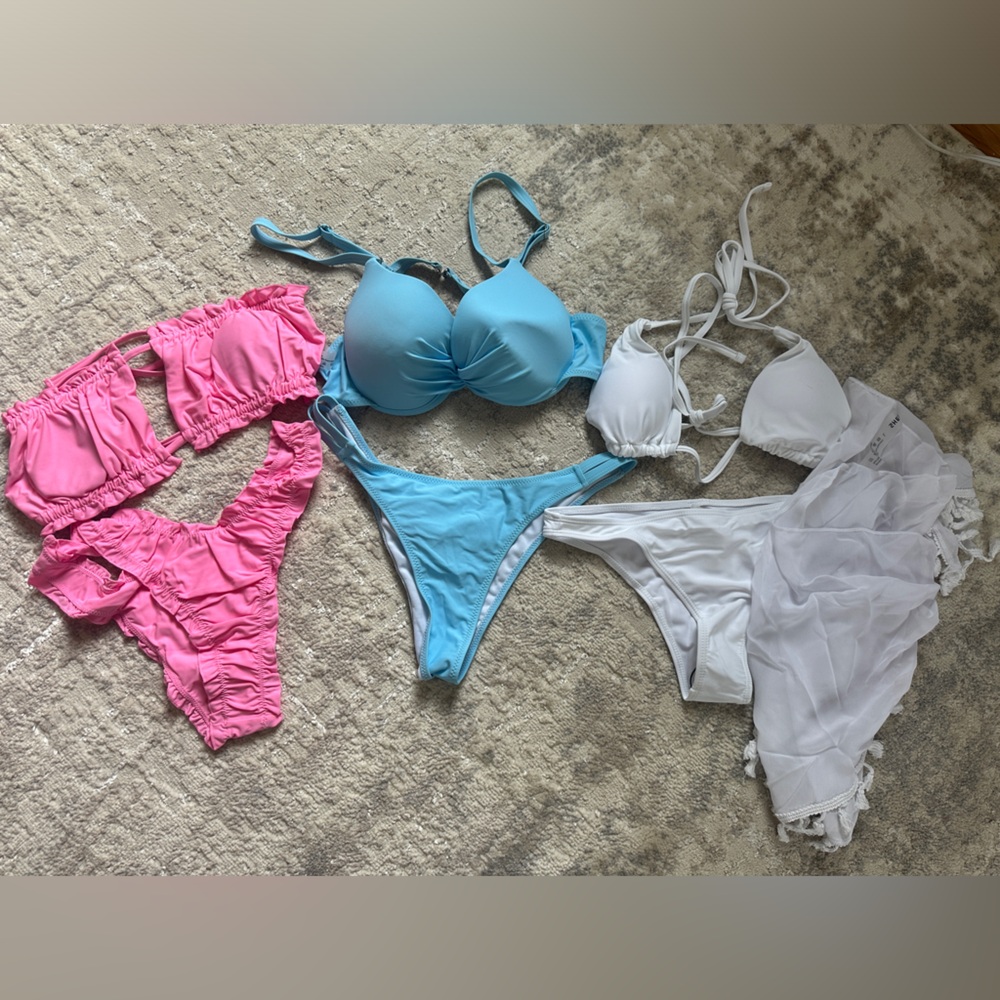 Bundle 3 sz L SHEIN bikini white, pink, blue. Sarong included NWOT